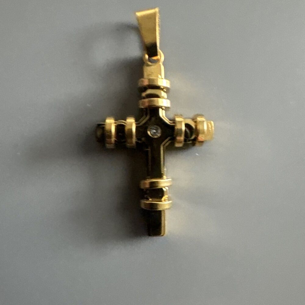 Cubic Zirconia Stainless Steel Cross Pendant Gift Trendy 24” Necklace Gold Tone